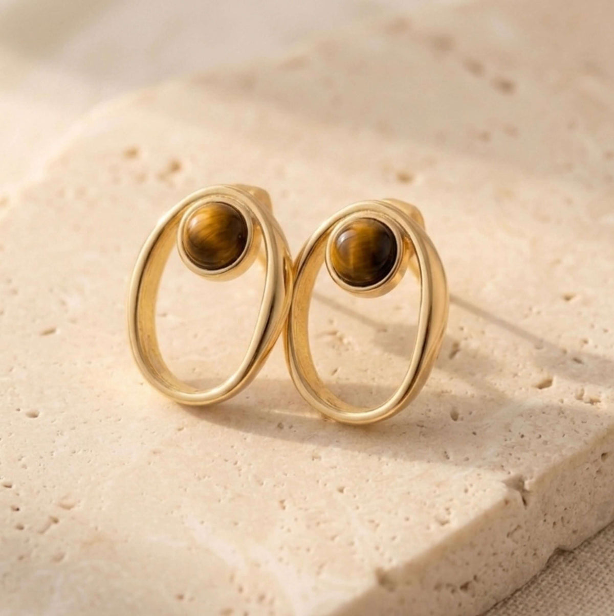 brown tiger's eye stone open oval front face hoop stud gold earrings