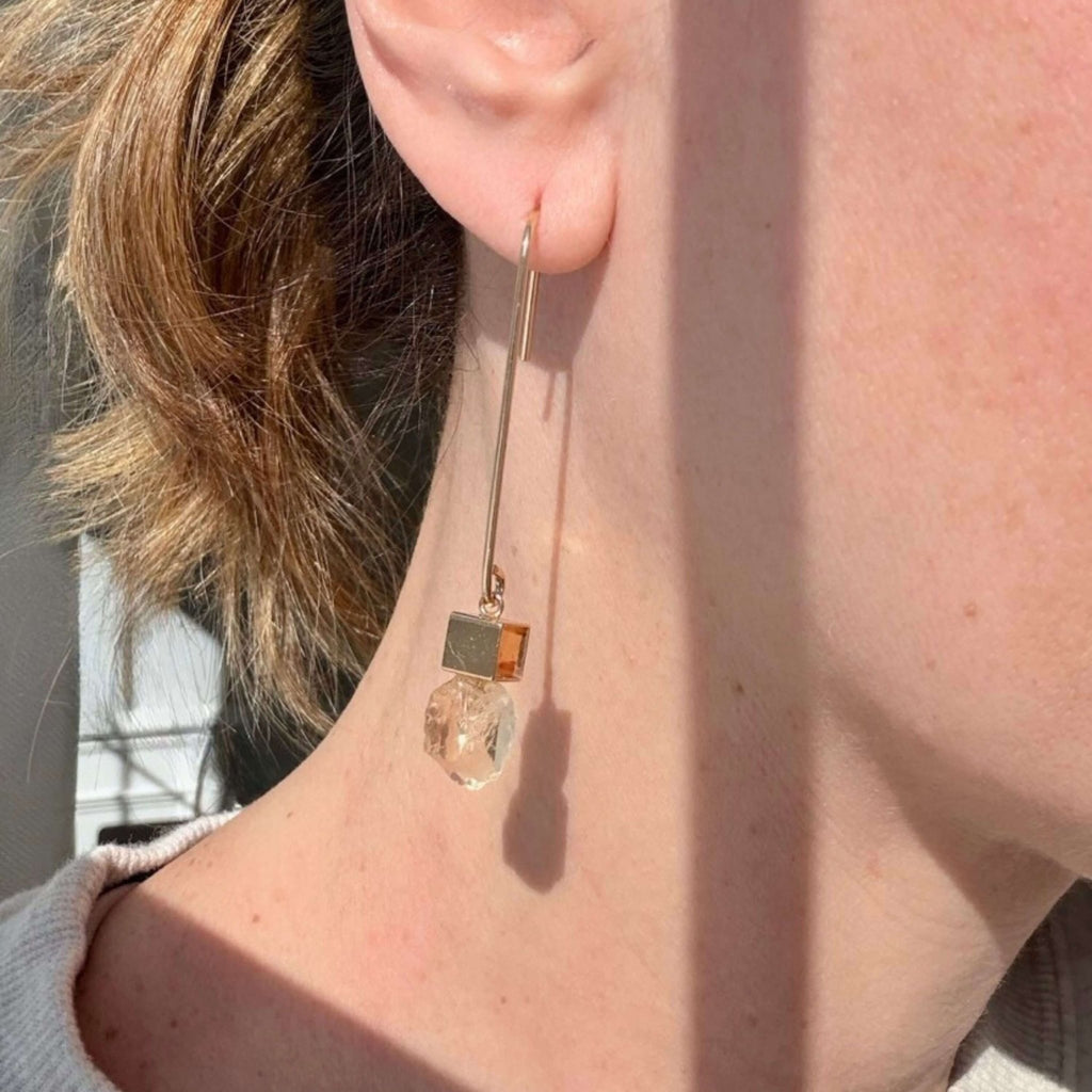 Cube & Crystal Drop Earrings – Citrine