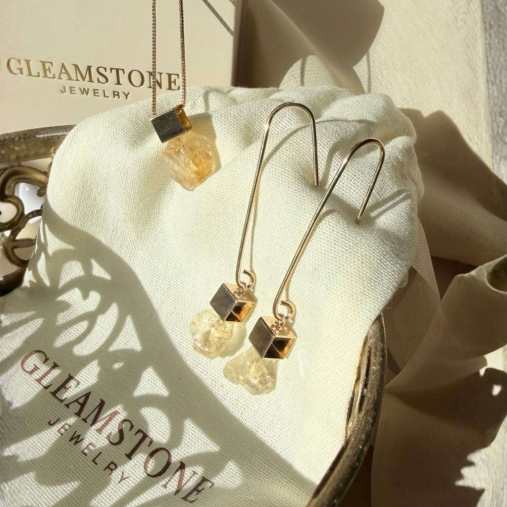 Cube & Crystal Drop Earrings – Citrine