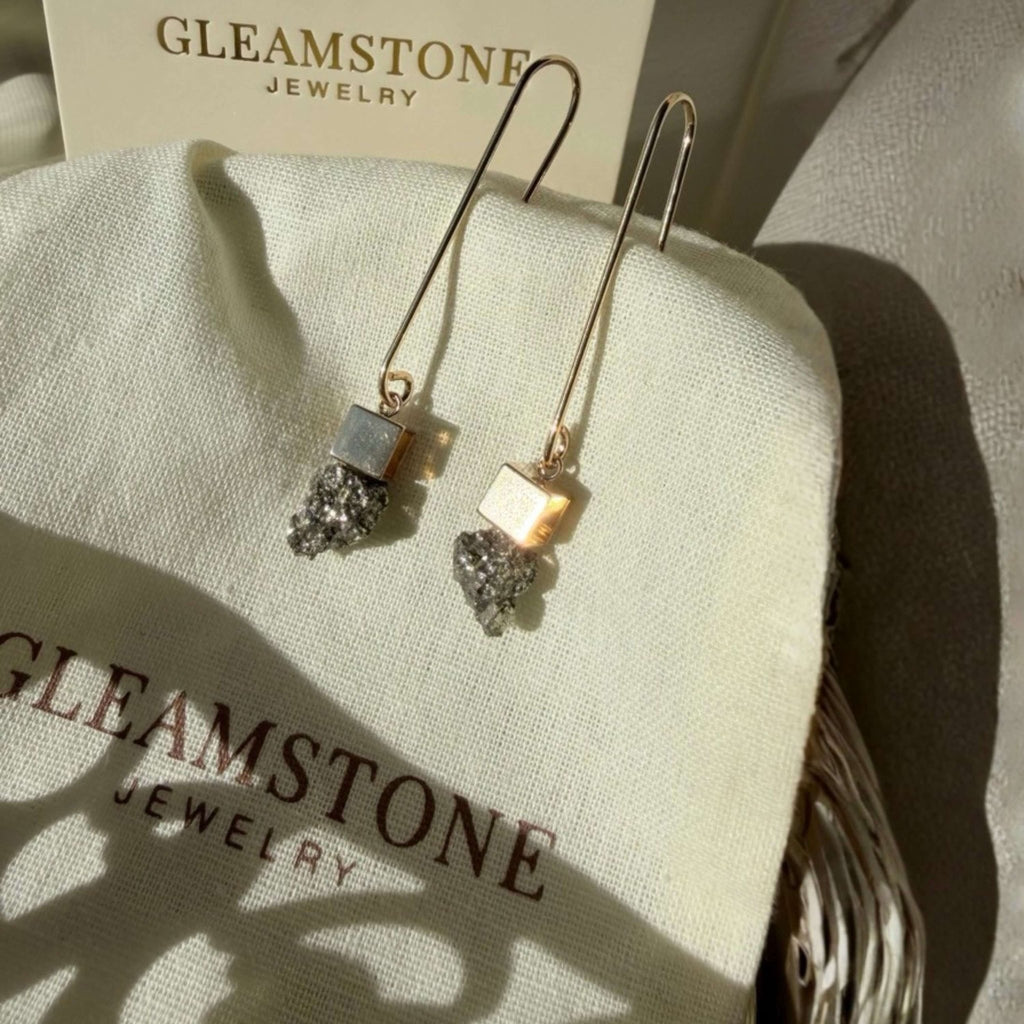 Cube & Crystal Drop Earrings – Pyrite