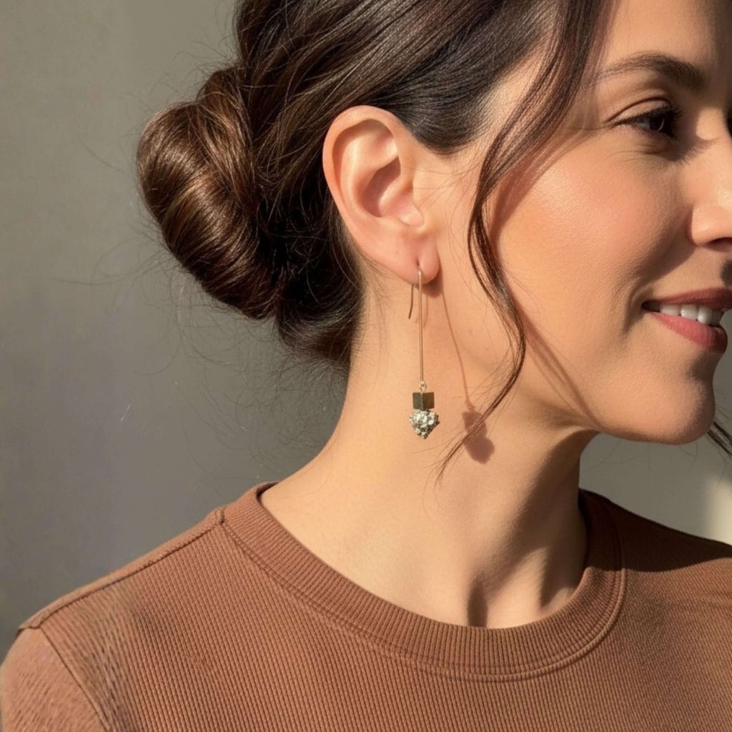 Cube & Crystal Drop Earrings – Pyrite