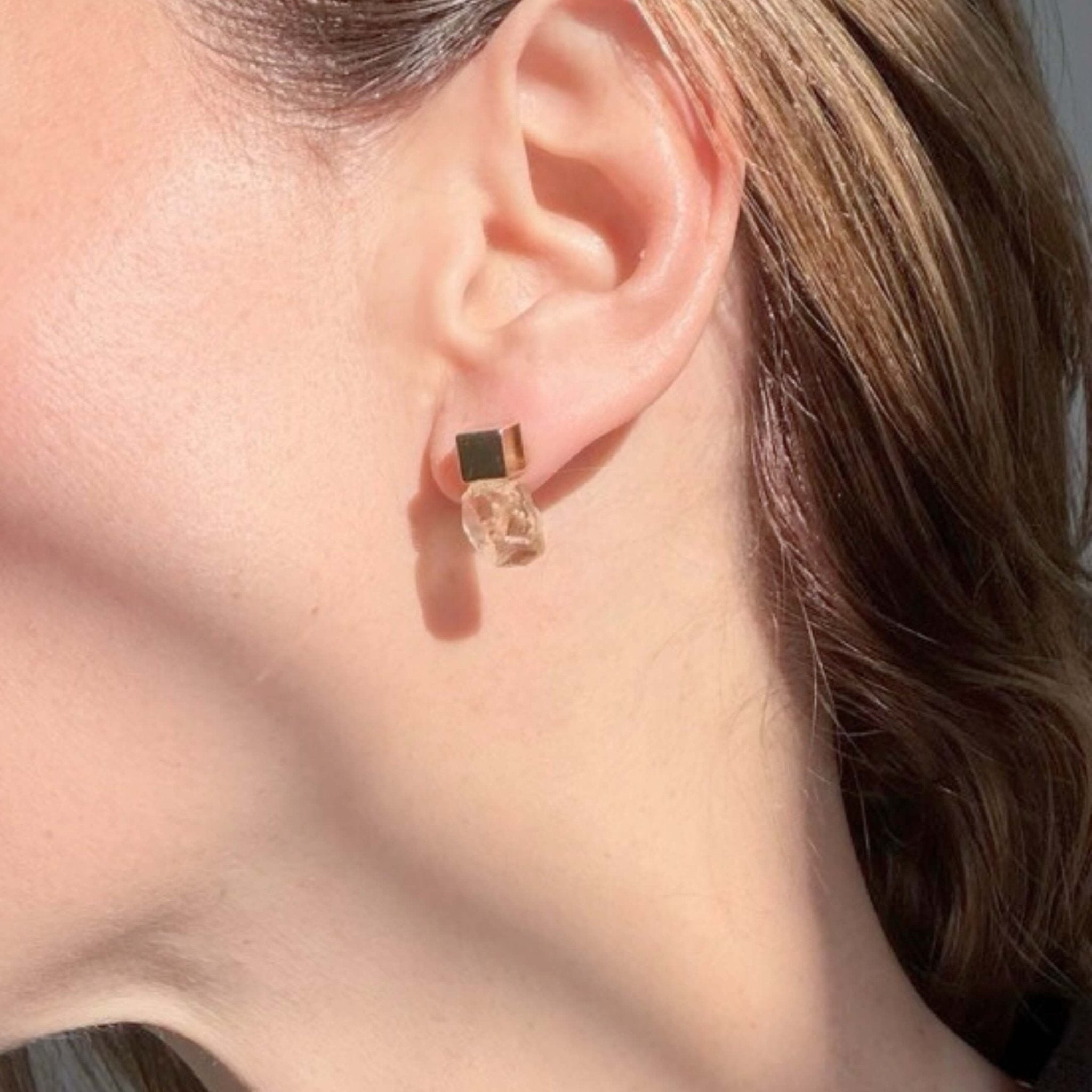 Cube & Crystal Earrings – Citrine & Gold