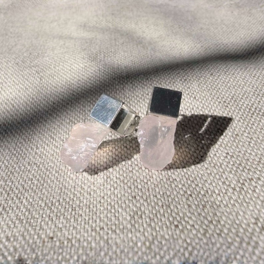 Cube & Crystal Earrings – Rose Quartz & Silver