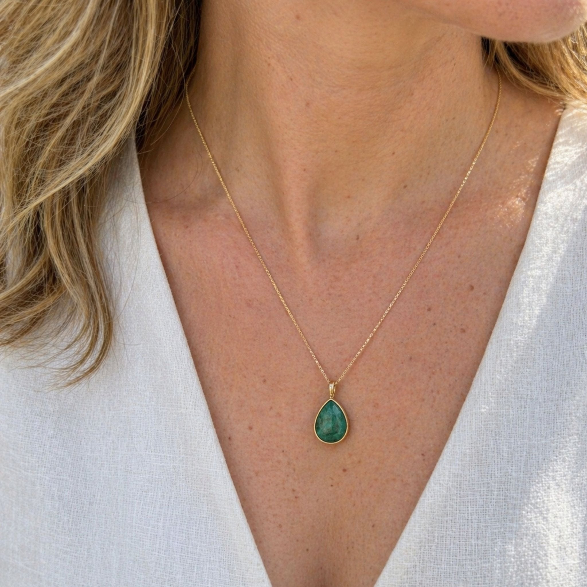 Faceted Teardrop Pendant Necklace – Brazilian Emerald