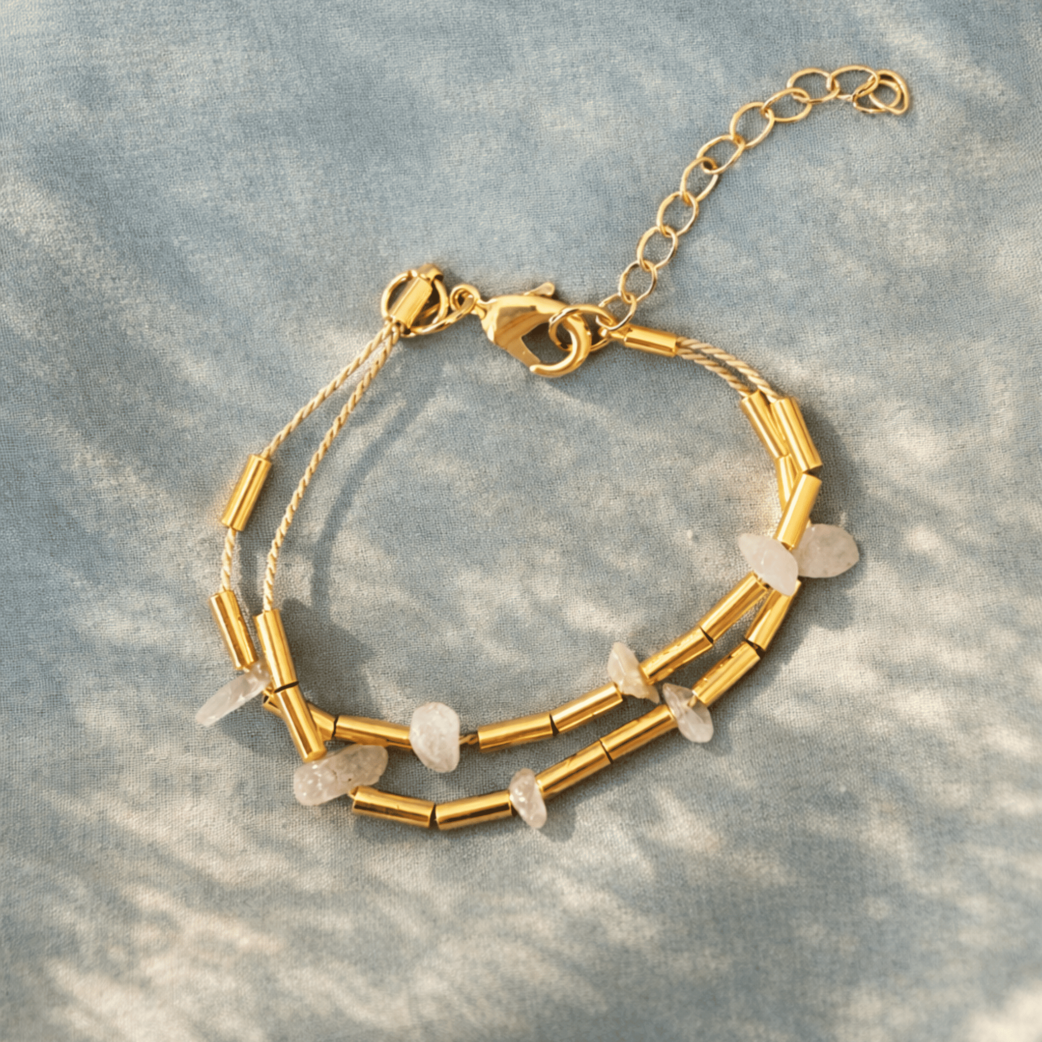 The Earth's Embrace Bracelet | Double - Layer Raw Rose Quartz and Buriti Fiber Gold