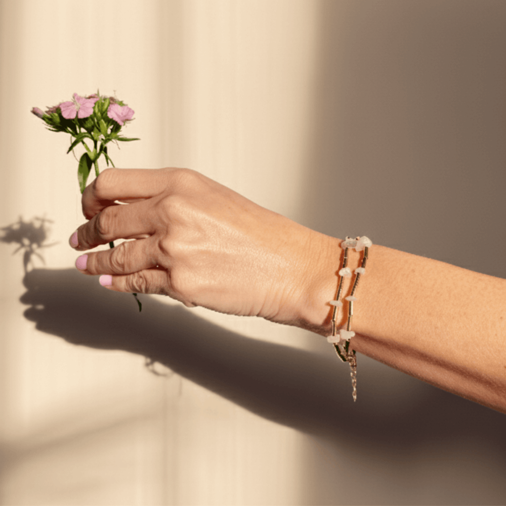 The Earth's Embrace Bracelet | Double - Layer Raw Rose Quartz and Buriti Fiber Gold