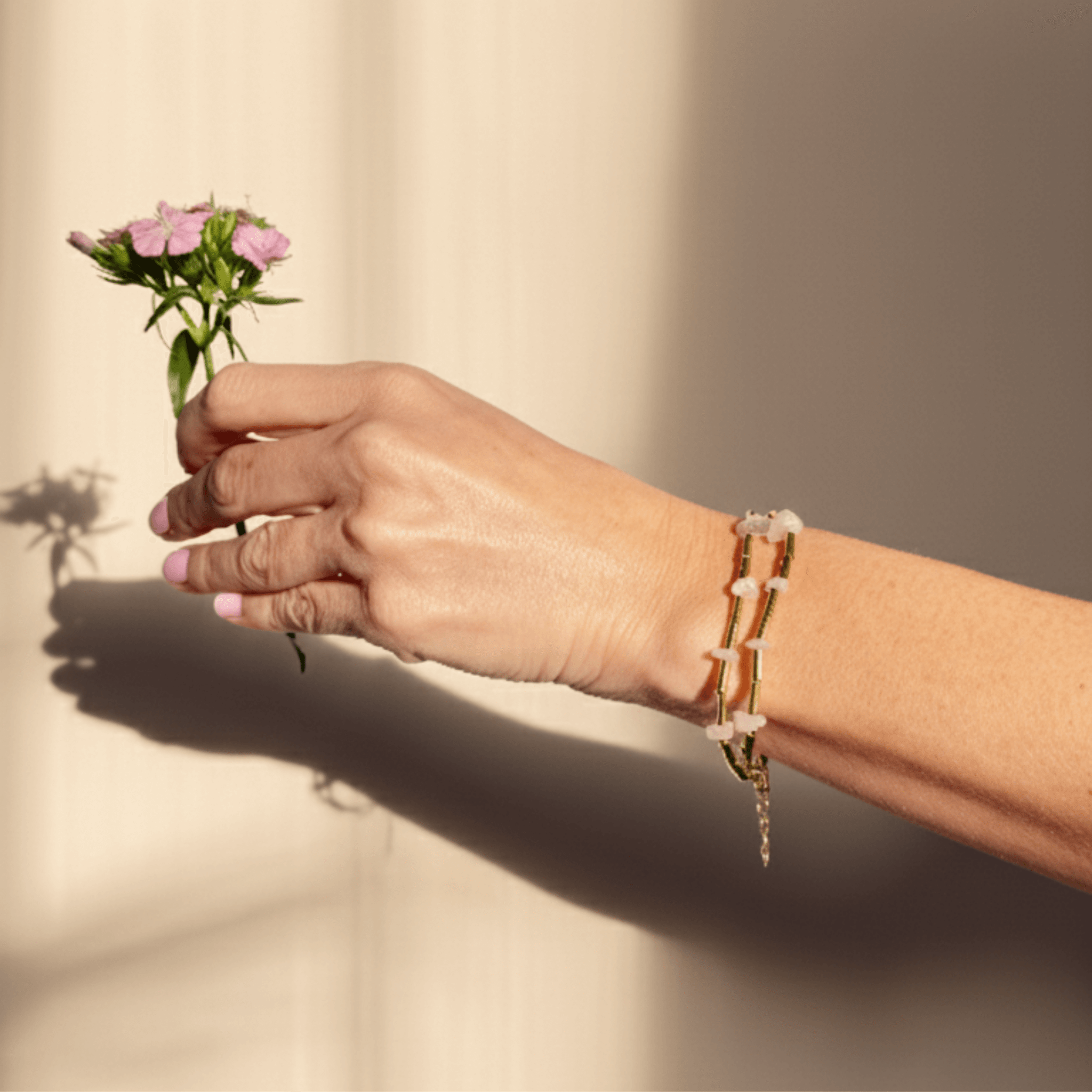 The Earth's Embrace Bracelet | Double - Layer Raw Rose Quartz and Buriti Fiber Gold