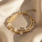 The Earth's Embrace Bracelet | Double - Layer Raw Rose Quartz and Buriti Fiber Gold