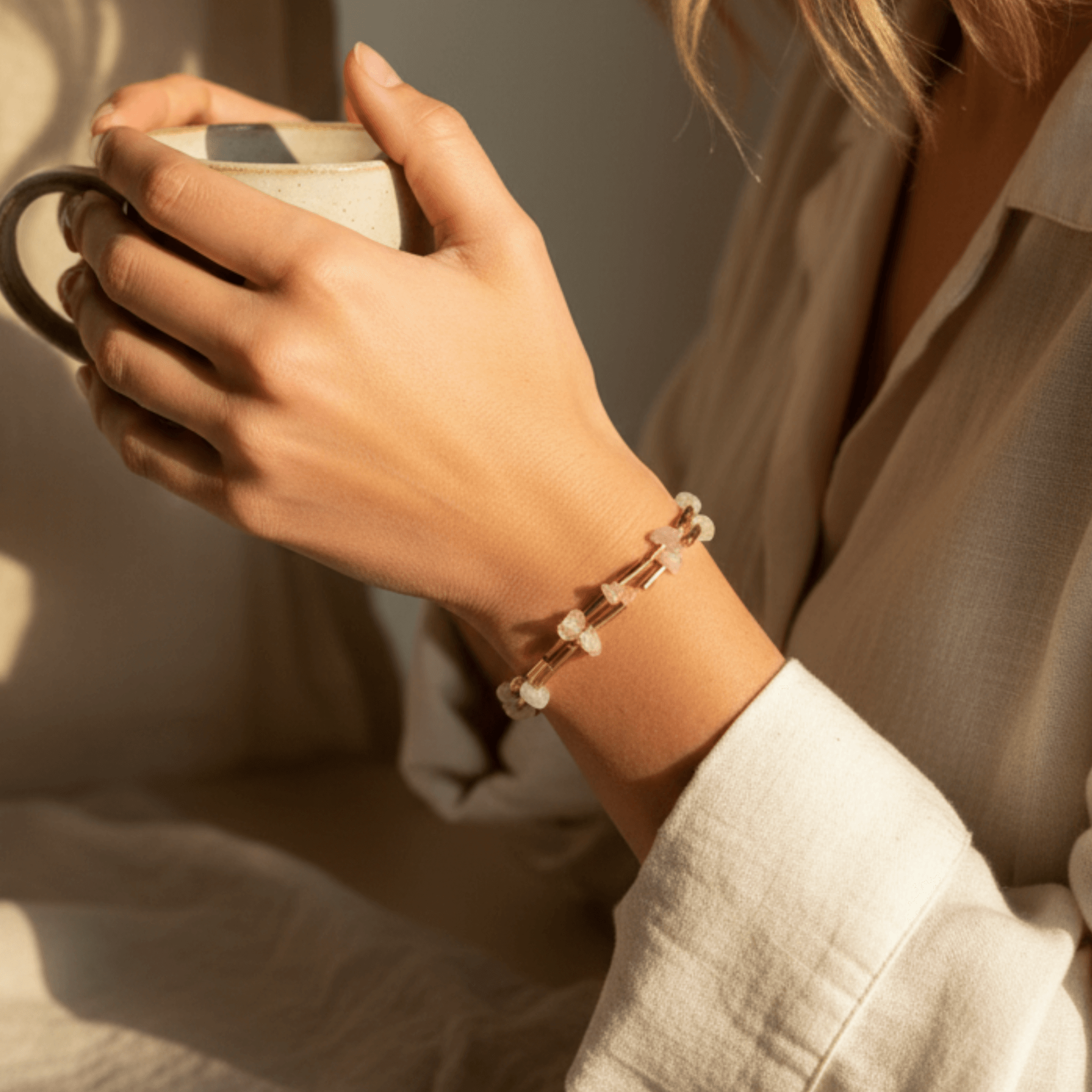 The Earth's Embrace Bracelet | Double - Layer Raw Rose Quartz and Buriti Fiber Gold