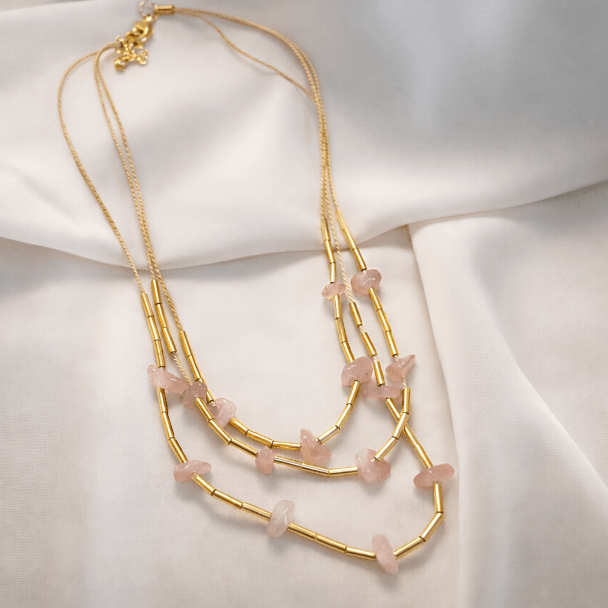 The Earth's Embrace Necklace | Layered Rose Quartz and Buriti Fiber Gold