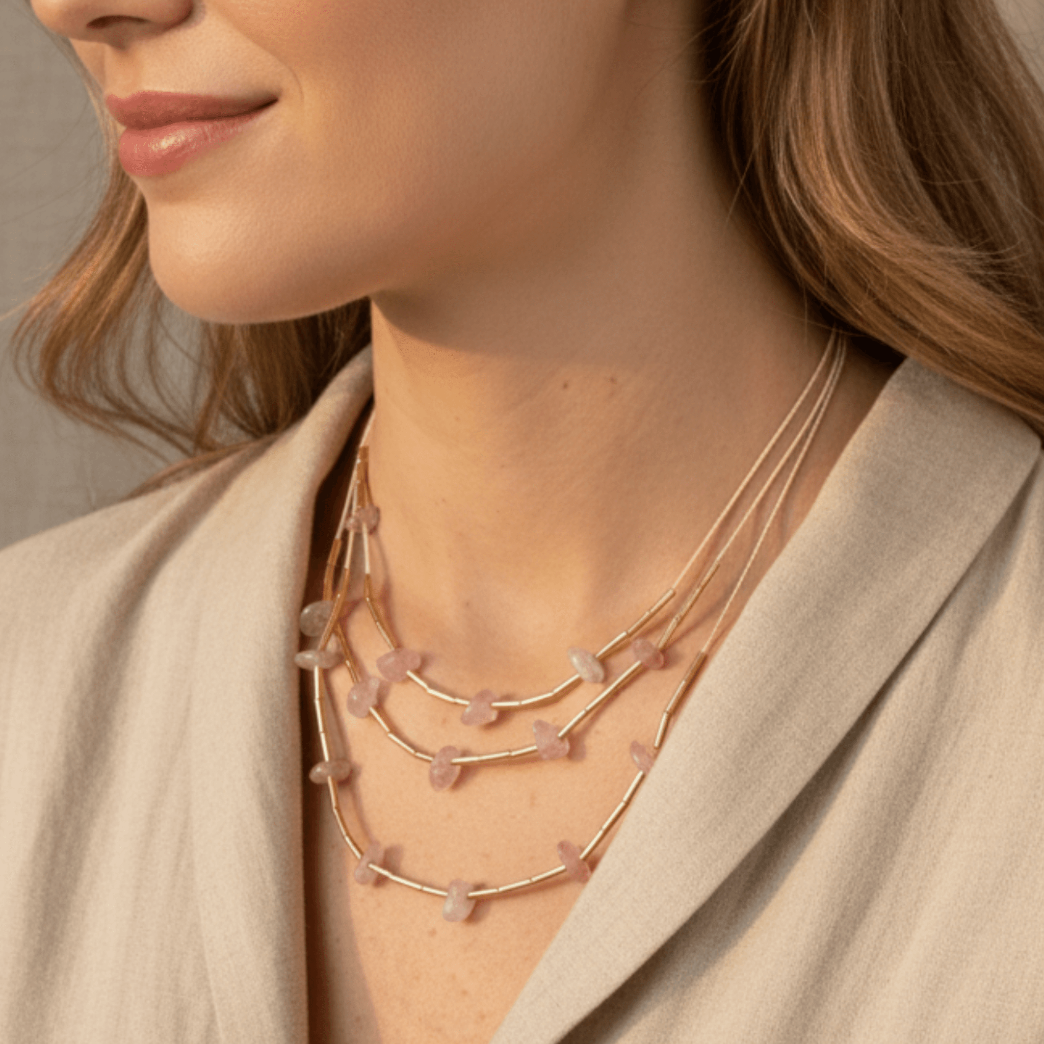 The Earth's Embrace Necklace | Layered Rose Quartz and Buriti Fiber Gold