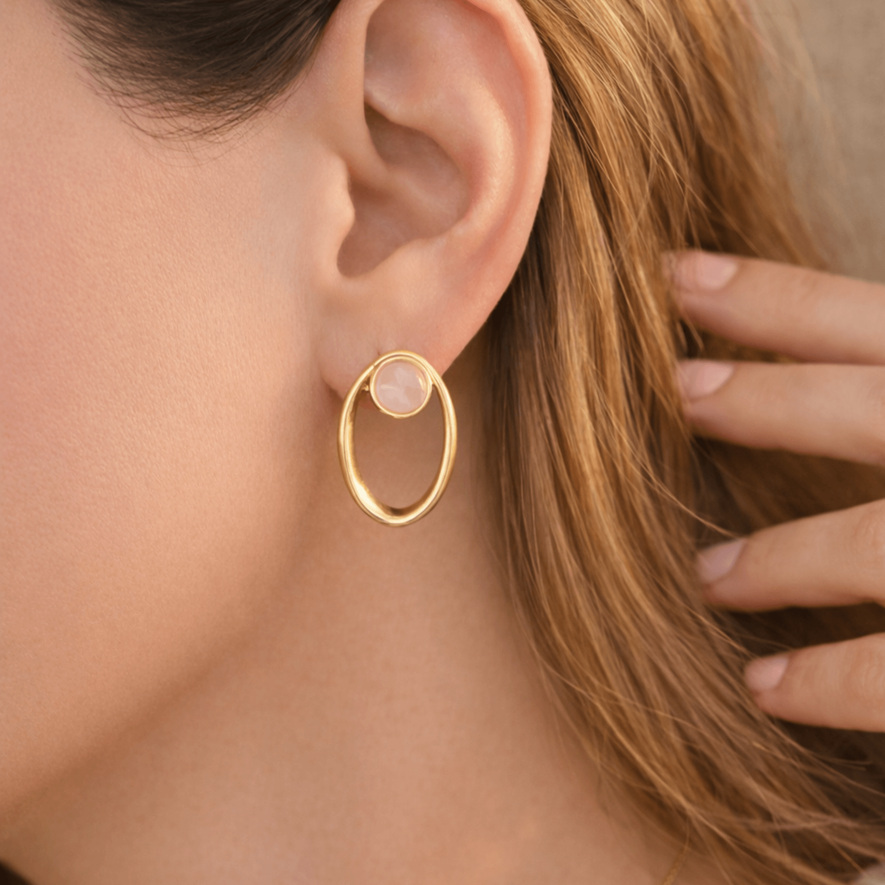 The Sentiment Drop Earrings | Gold - Plated Rose Quartz Open Oval Design