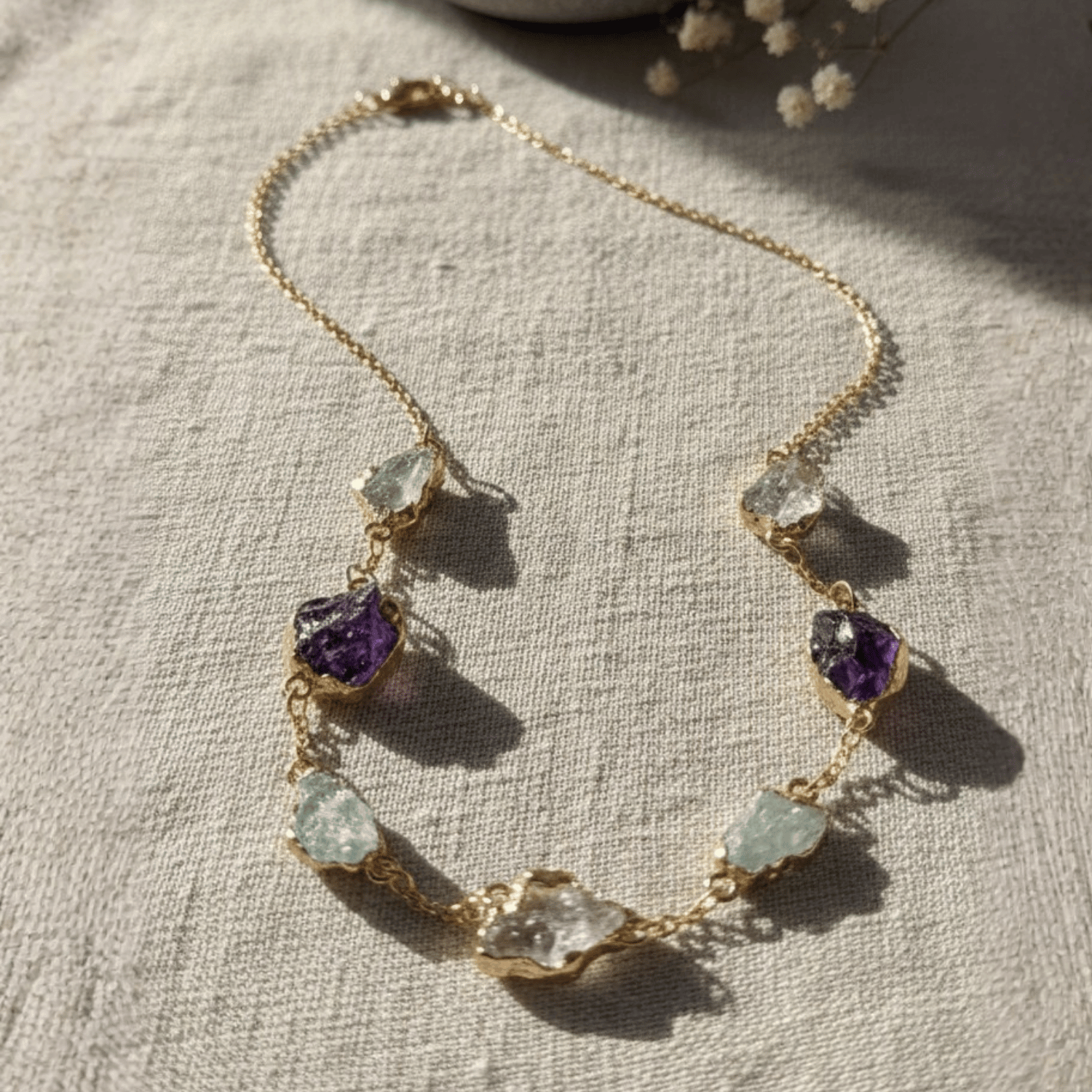 The Synergy Talisman – Multi - Gemstone Raw Necklace amethyst quartz gold