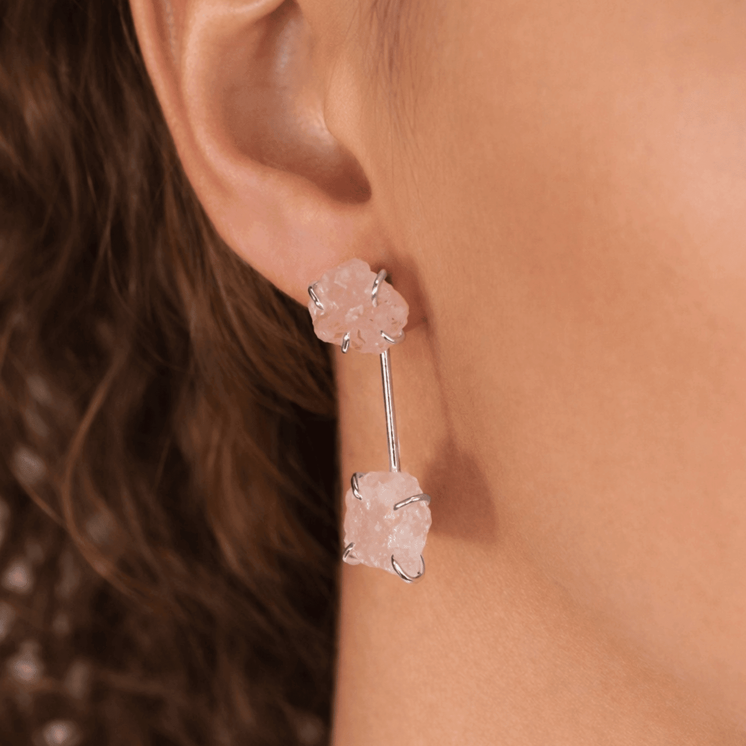 The Versatile Drop Earrings – 2 - in - 1 Design Silver and Rose Quartz